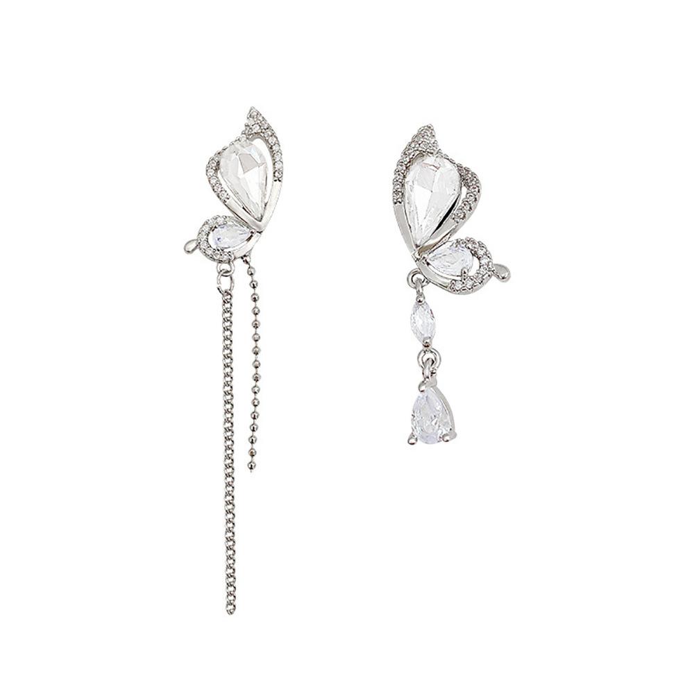 Silver Needle Diamond Asymmetrical Butterfly Tassel Earrings Korean Niche Temperament Earrings Exquisite Design Earrings Women
