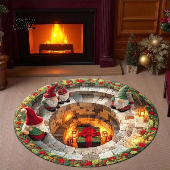 Durable Soft Texture Carpet Christmas Round Rug, 3D Illusion Mat, Holiday Winter Carpet, Gnome Deer Tree Skirt Santa House Festive Floor Rug