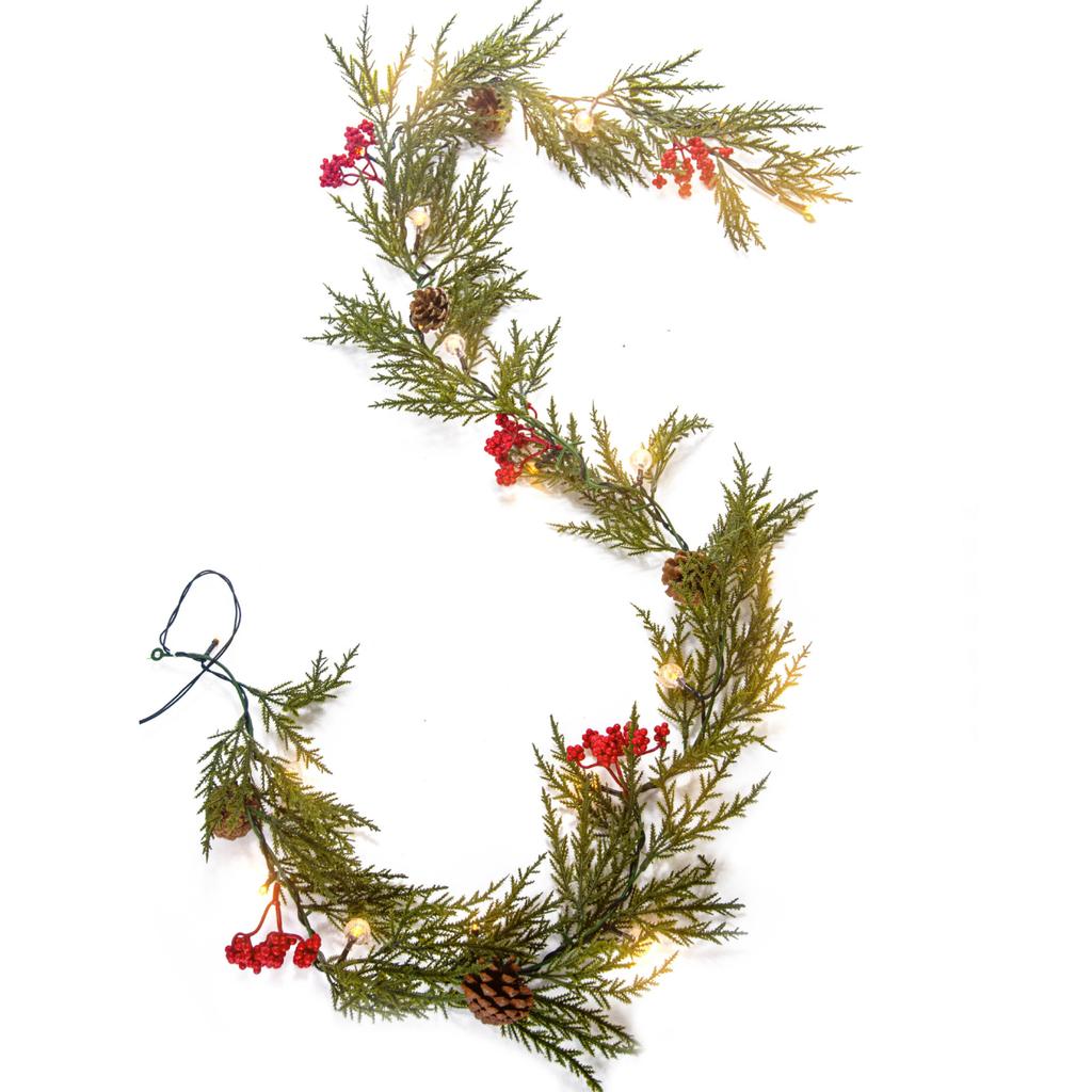 Christmas Wreath With Cones, Red Berries, Bells, Powered Lights, Suitable For Door Frames, Stairs, Fireplaces, Indoors And Outdoors