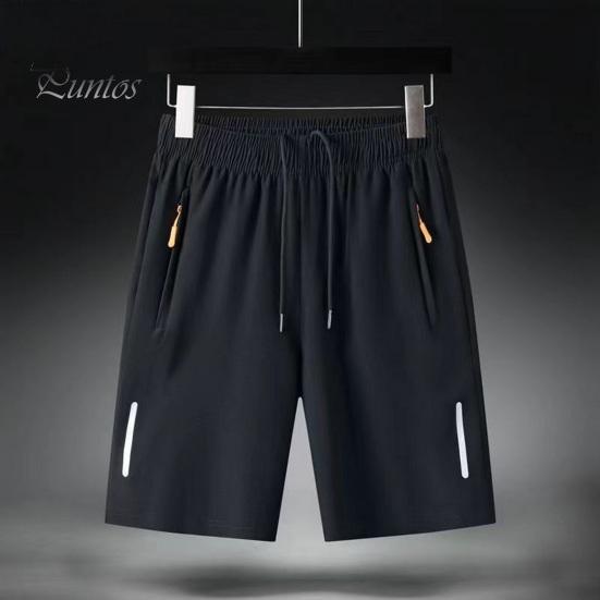 Мужские спортивные шорты, однотонные прямые эластичные шорты на талии, повседневная одежда больших размеров, карманы на молнии в стиле ретро, ​​тонкие летние шорты до колена, мужская одежда