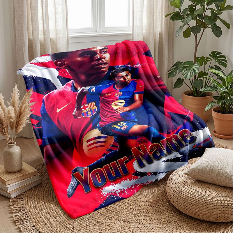 Lamine Yamal Custom Name Text Flannel Blanket Soccer Logo Personalized Fleece Throw Blanket Special Gift For Sofa Bedroom Home