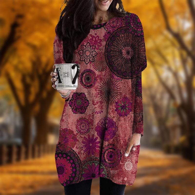 Новинка осени античный калейдоскоп принт плюс размер платье женщины O-образный вырез длинные рукава повседневные карманные платья
