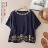 Лето Новая Мода Повседневный Ретро Стиль Вышитый Пуловер Хлопок Лен Футболка
