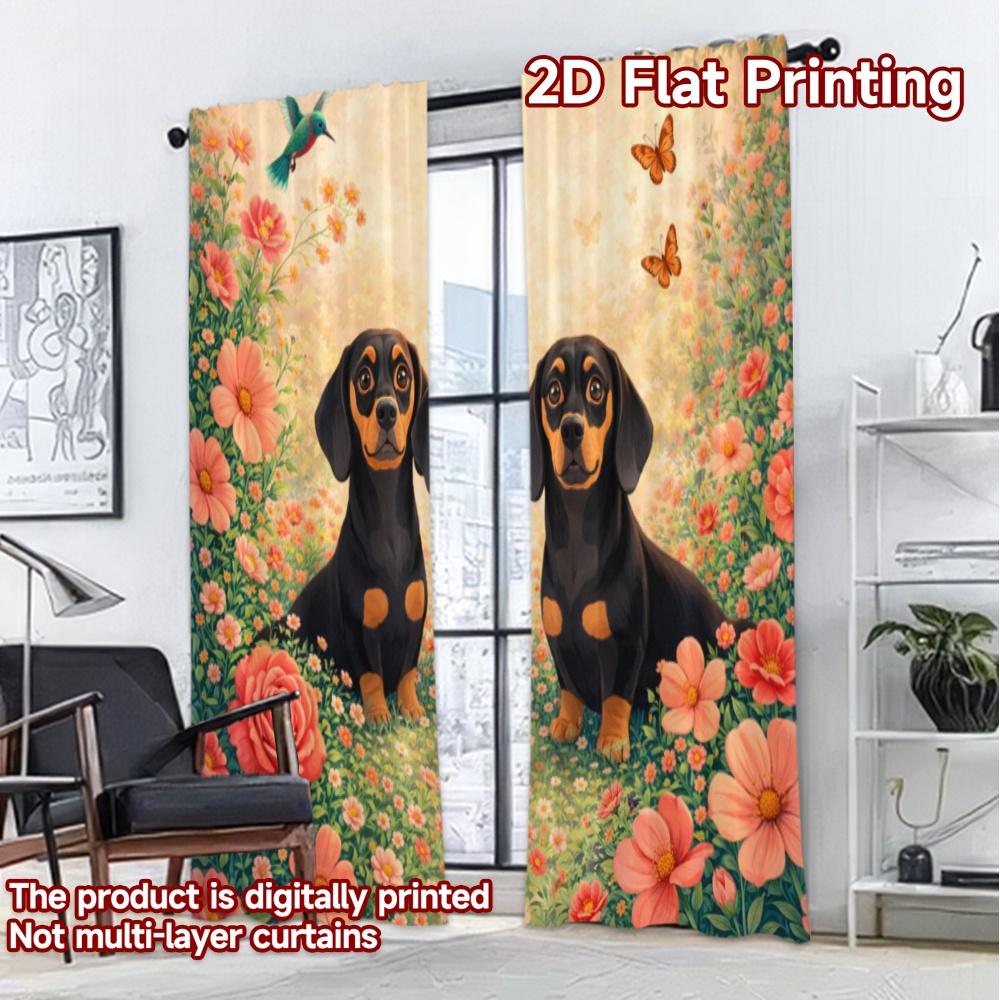 2D FLAT PRINTING 2pcs Curtains (Without Rod) Dogs in Floral Garden Popular Curtain Cloth Prints Light Filtering Curtains Room