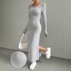 Spring Autumn Solid Long Sleeve O-neck Gray Maxi Dress Women Fashion Elegant Skinny Straight Side Slit Knitted Dresses Clothing