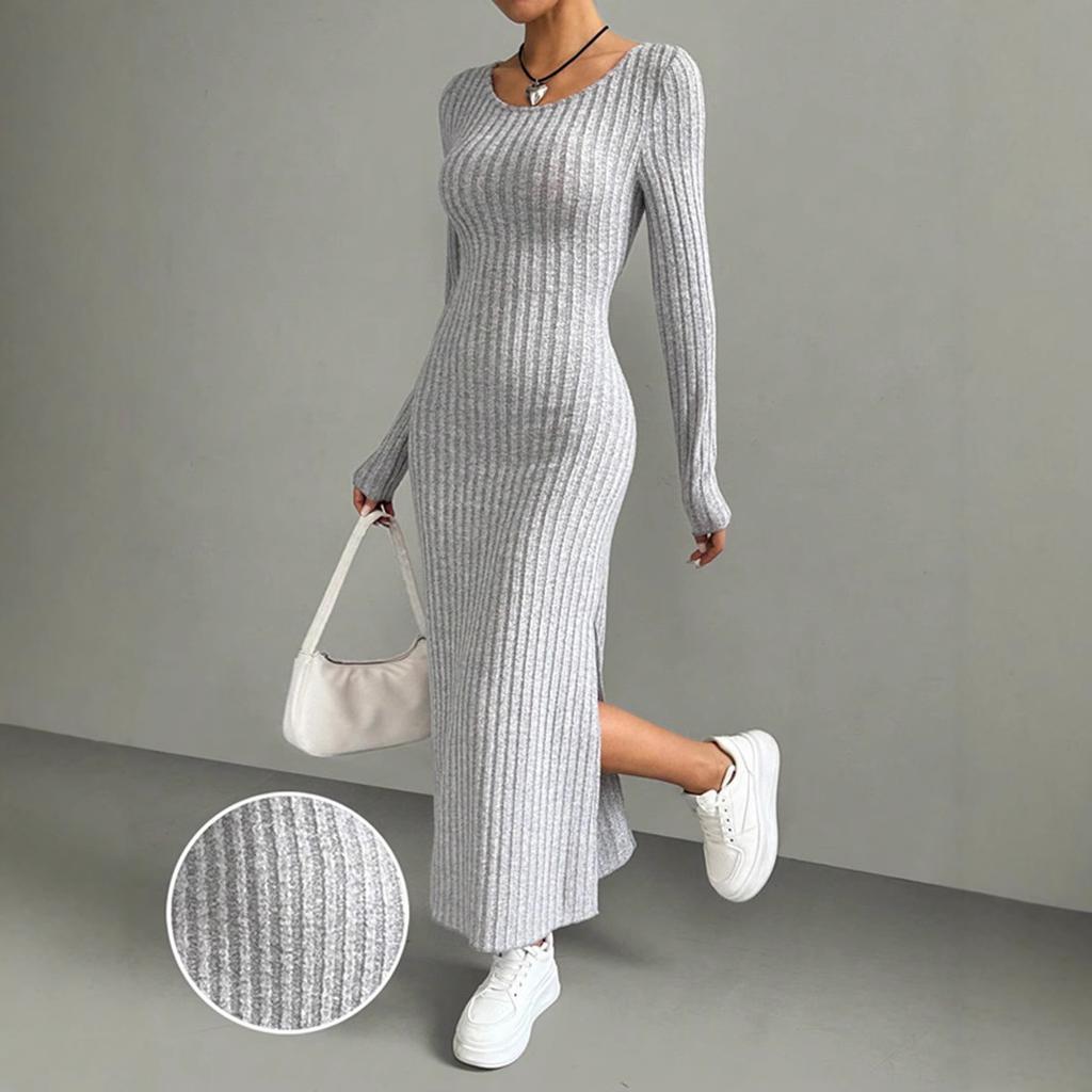 Spring Autumn Solid Long Sleeve O-neck Gray Maxi Dress Women Fashion Elegant Skinny Straight Side Slit Knitted Dresses Clothing