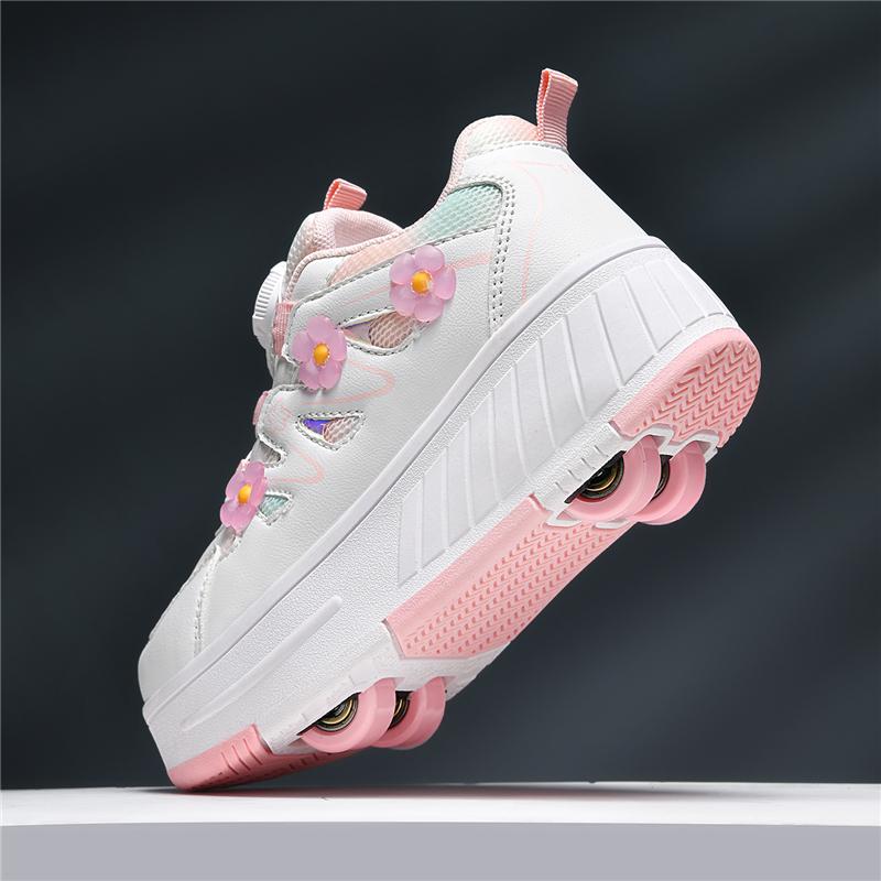 Rotating Button Four Wheel Skate Roller Shoes for Kids Removable Wheels Roller Skating Sneakers Student Unisex Size 29 39