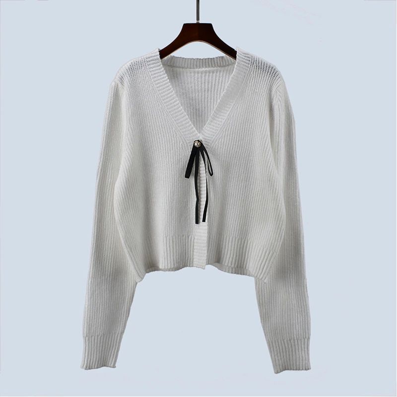 Fall V-neck Knitted Sweater Single Button Cardigan Outwear Pure Color Loose Short Long Sleeve Women's Clothing