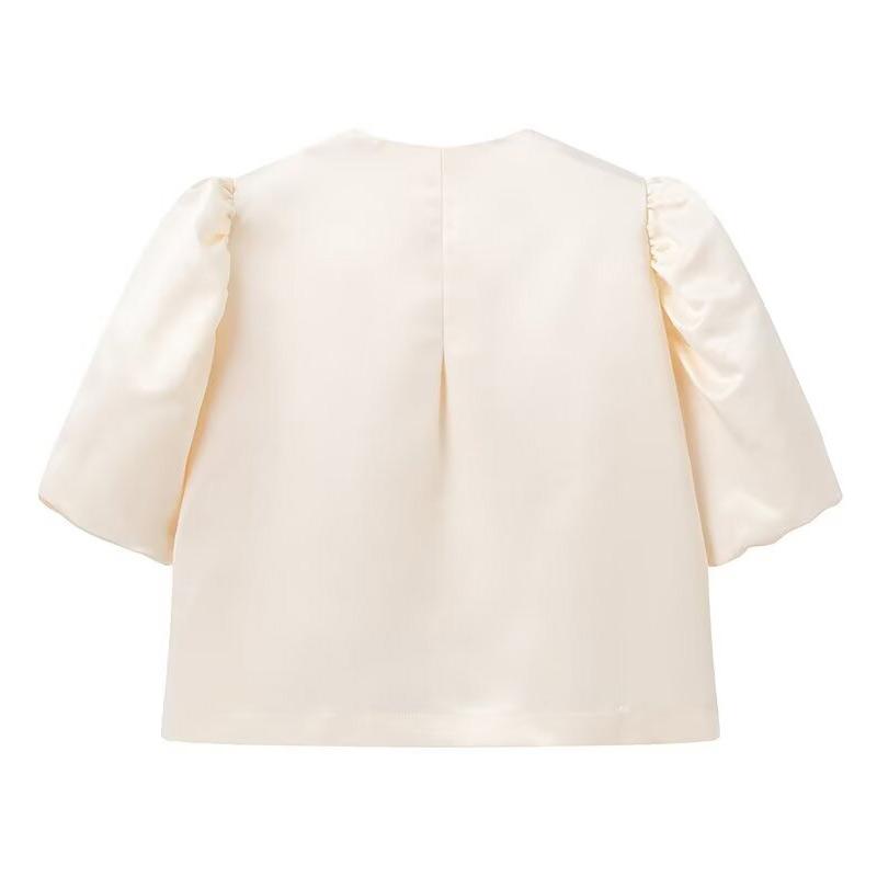 Women's Blouse Top with Puffe Sleeve Solid Satin Shirt New Spring Summer Female Sleeves O Neck Loose Short Shirt Female Blouses