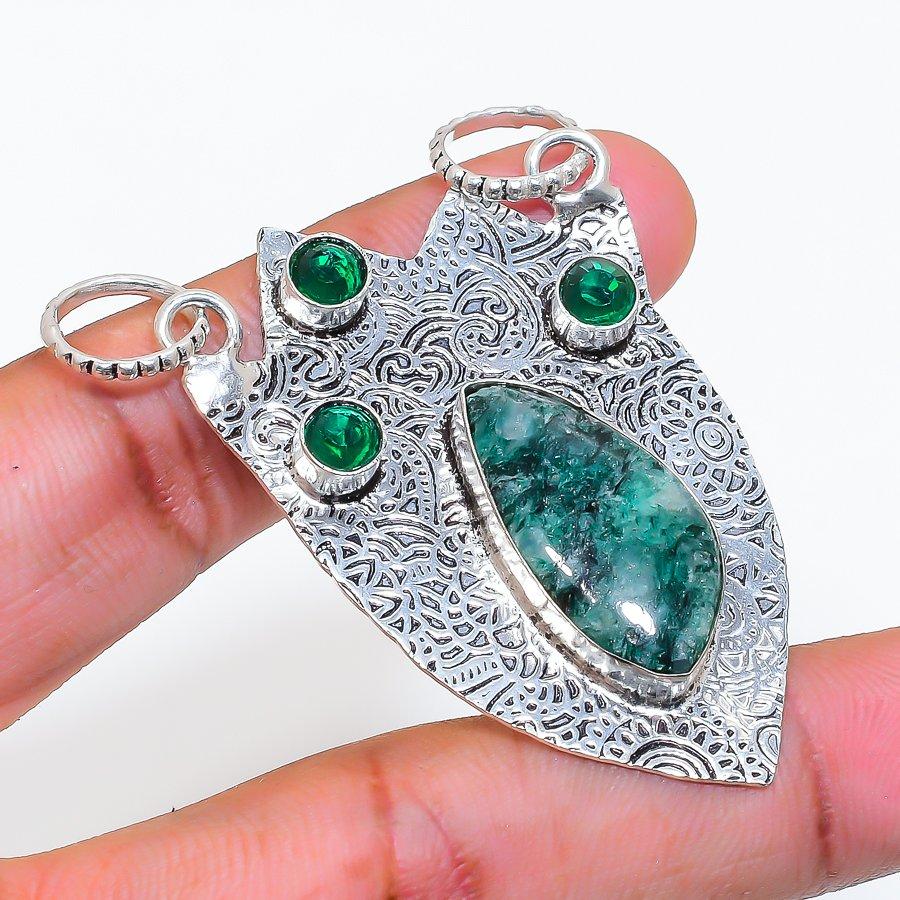 Natural Green Aventurine, Diopside 925 Sterling Silver Pendant 2.21" ZS-325