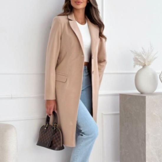 GMXIA Autumn Winter Simple Solid Color Medium Long Button-wool Coat Coat Women