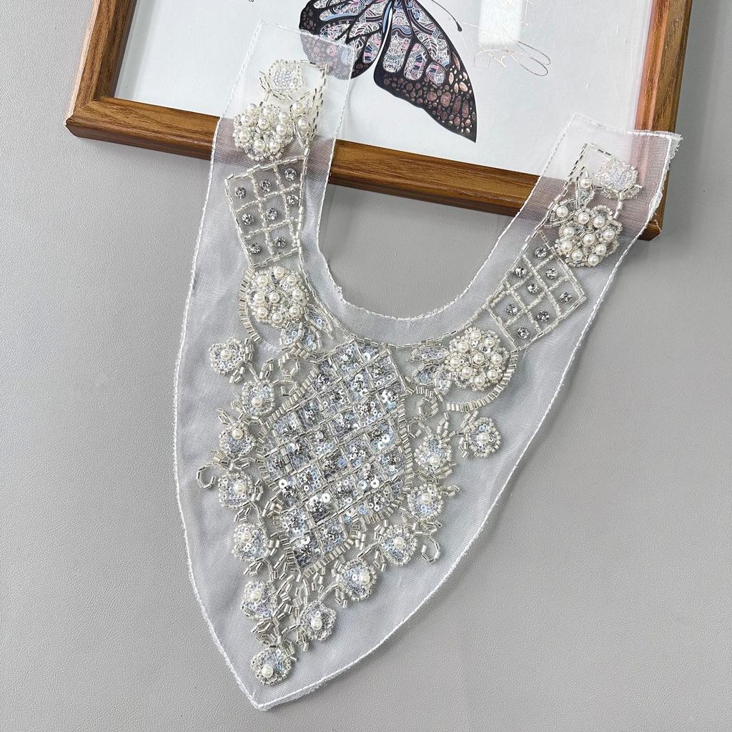 White Handmade Beaded Sequined Flower Mesh Collar Exotic Dress Wedding Decoration Accessories Front Collar Cloth Sticker