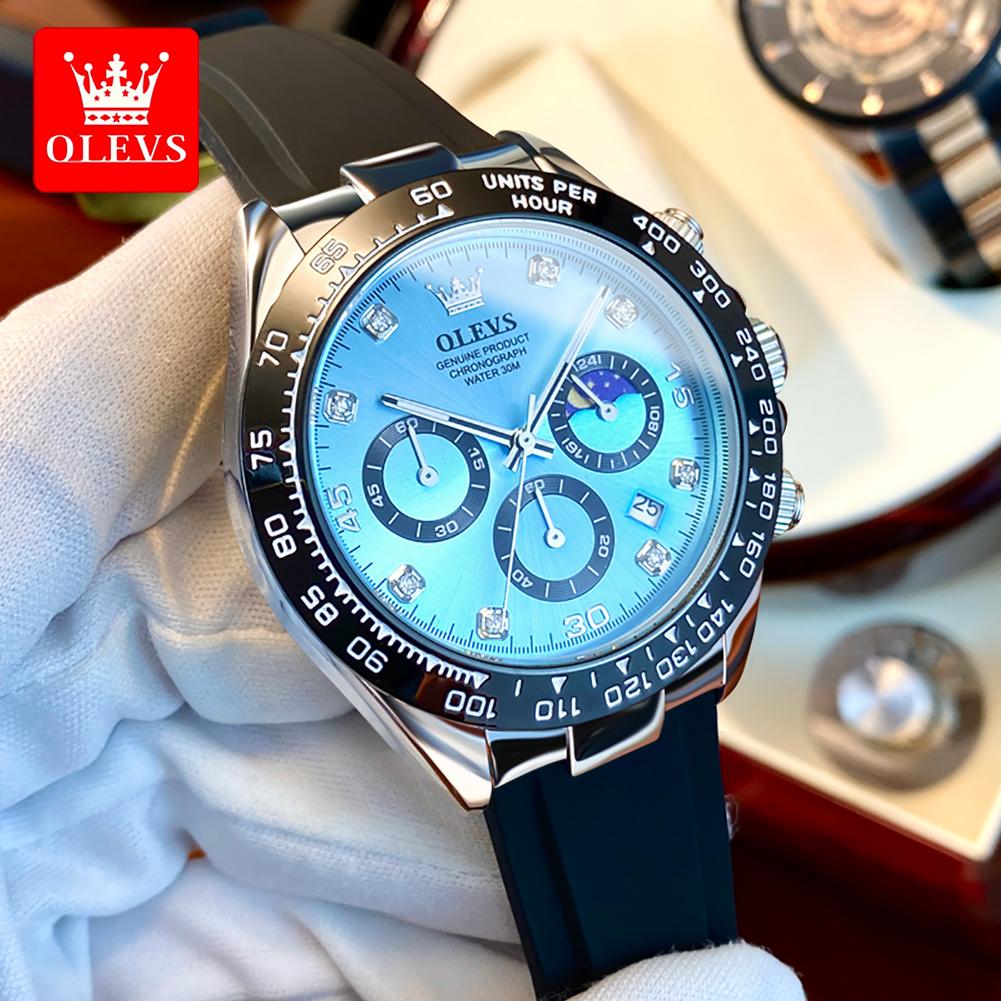 OLEVS Watches for Men Analog Quartz Watch Silicone Diamond Waterproof Luminous Moon Phase Chronograph Watches Relogio Masculino