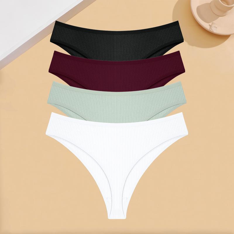 FINETOO 4Pcs Cotton Ribbed Underwear Women's Sexy Low-Waist Breathable Thongs Girls Sports Panties Stretchy T Back Soft Lingerie