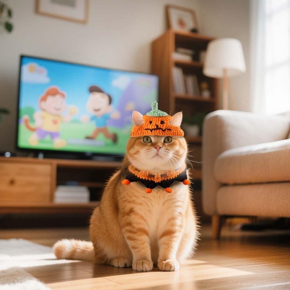 Одежда Хэллоуин Головной убор кошки Тыква Кошка Вязаная шапка Нагрудник Хэллоуин Костюмы для питомцев Фестивальная вечеринка
