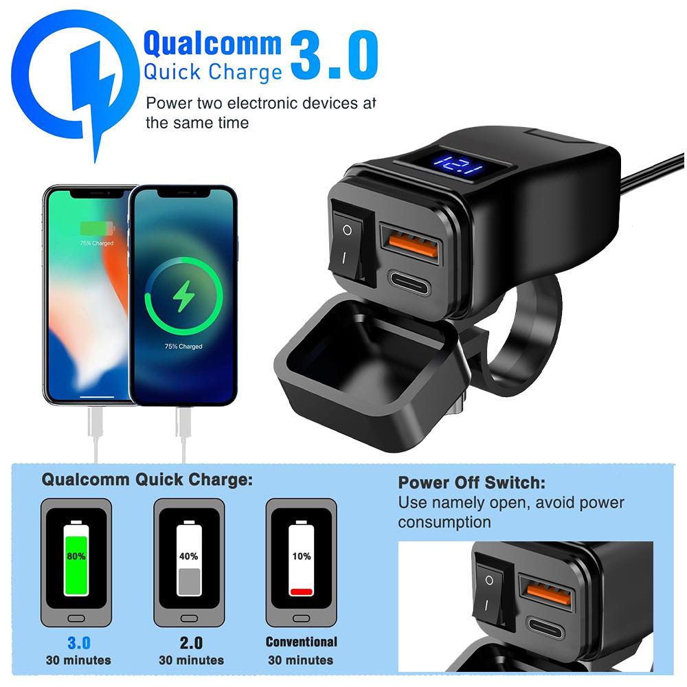 PD+QC3.0 USB-зарядное устройство для мотоцикла, быстрое зарядное устройство, 60 Вт, руль, два разъема USB с переключателем, вольтметром, водонепроницаемый адаптер питания 12 В