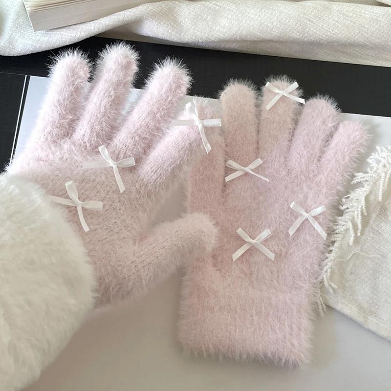 1 пара зимних теплых перчаток с бантом для женщин и девочек, милые однотонные перчатки, варежки, устойчивые к холоду, ветрозащитные перчатки для верховой езды, подарки