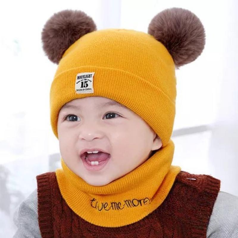 Winter Warm Baby Knitted Hats with Scarf Kids Knit Beanie Hats Solid Color Children's Hat for Toddler Boys Girls Accessories