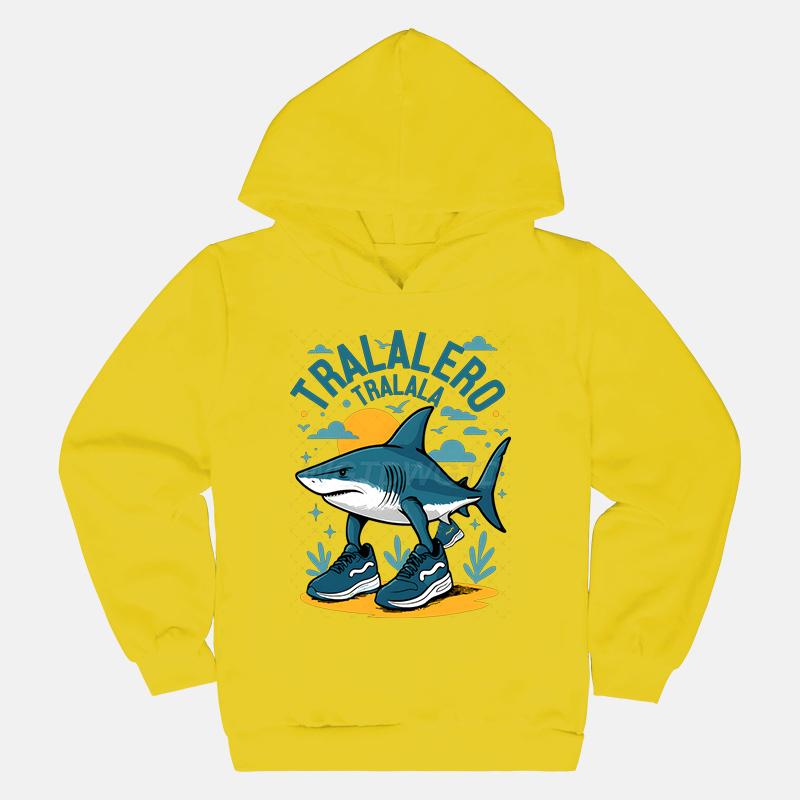 KidsCasual HoodedPullover Sweatshirt,Eye-catching Funny Shark Character Retro Sunset Print,Soft Fabric, Suitable For Kids Daily And Weekend Activities