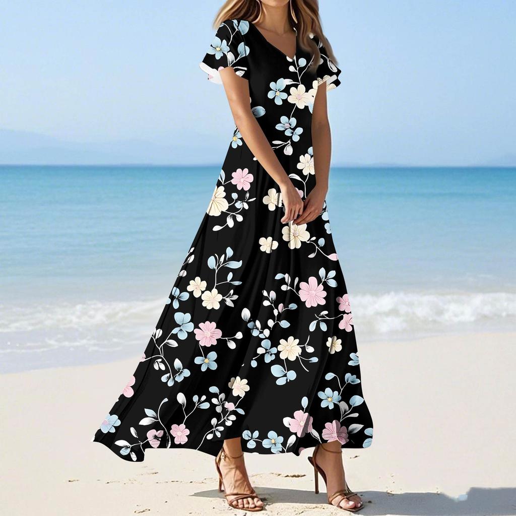 Женские повседневные модные длинные платья с принтом, платья с V-образным вырезом и коротким рукавом