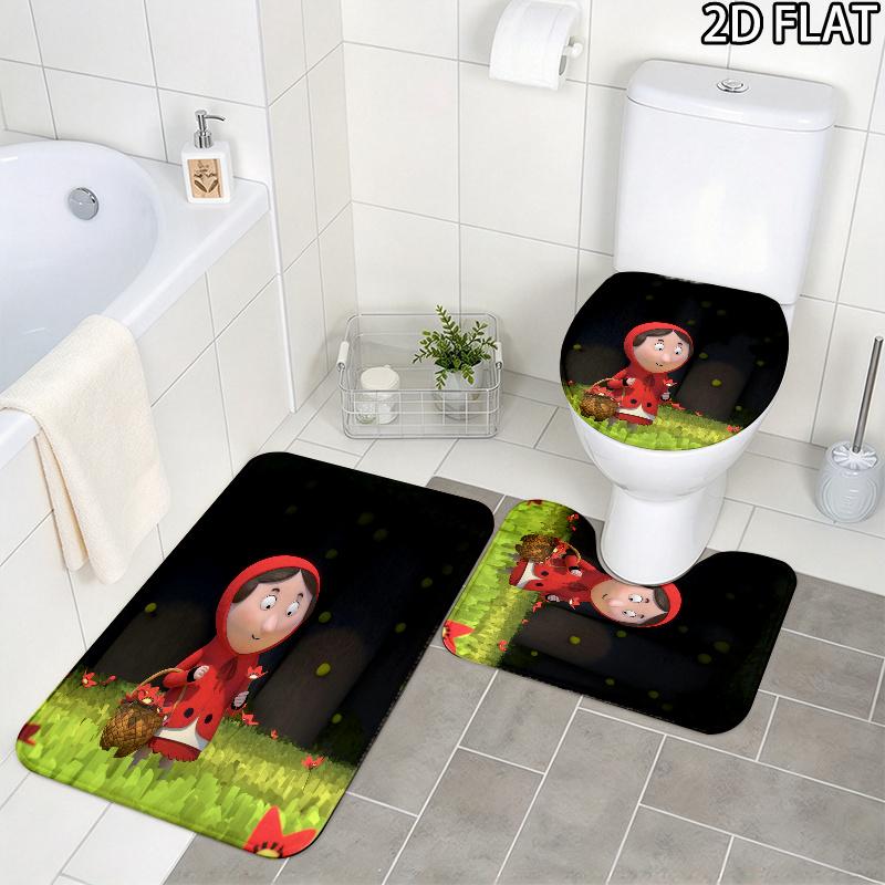 3pcs Revolting Rhymes Pattern Flannel Nonslip Absorbent Washable Decorative Bathroom Home Toilet Seat Cover Mat