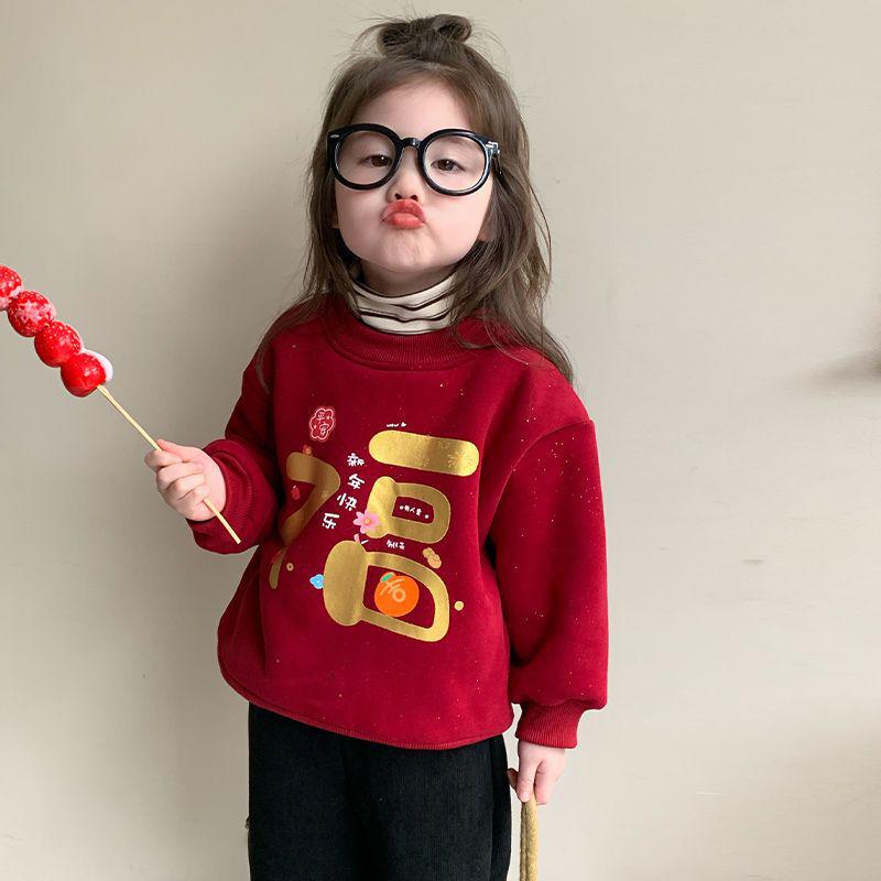 Повседневный свитшот для девочек в корейском стиле с бархатом, мода на осень/зиму, для маленьких и средних детей, новогодний дизайн.