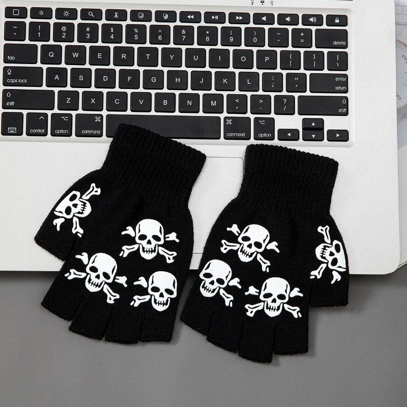 1 пара Новые Детские Хэллоуин Скелет Череп Половина Пальца Светящиеся Панк Перчатки Зима Череп Беспалые Черные Варежки
