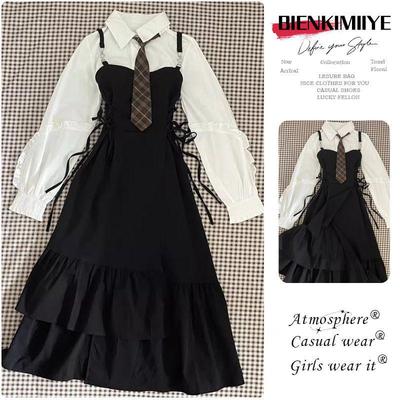 Женское платье-комбинезон с французской талией и многослойной белой рубашкой - Осенне-зимний комплект-двойка