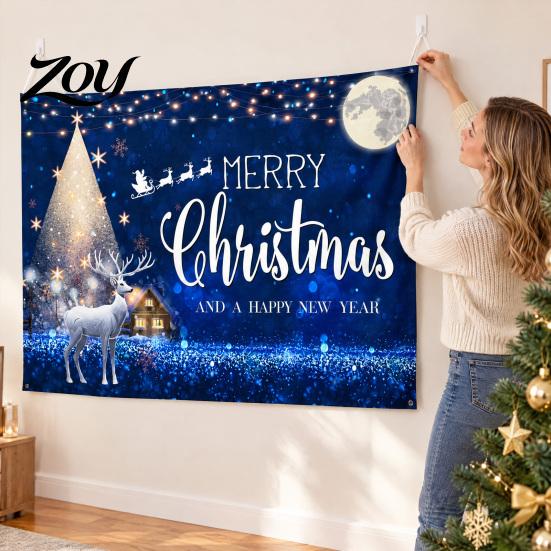 Santa Claus Wall Backdrop Christmas Banner, 71x43 Inches Sleigh Reindeer Snowman for Winter Wonderland Large Festive Sign Party Decorations,