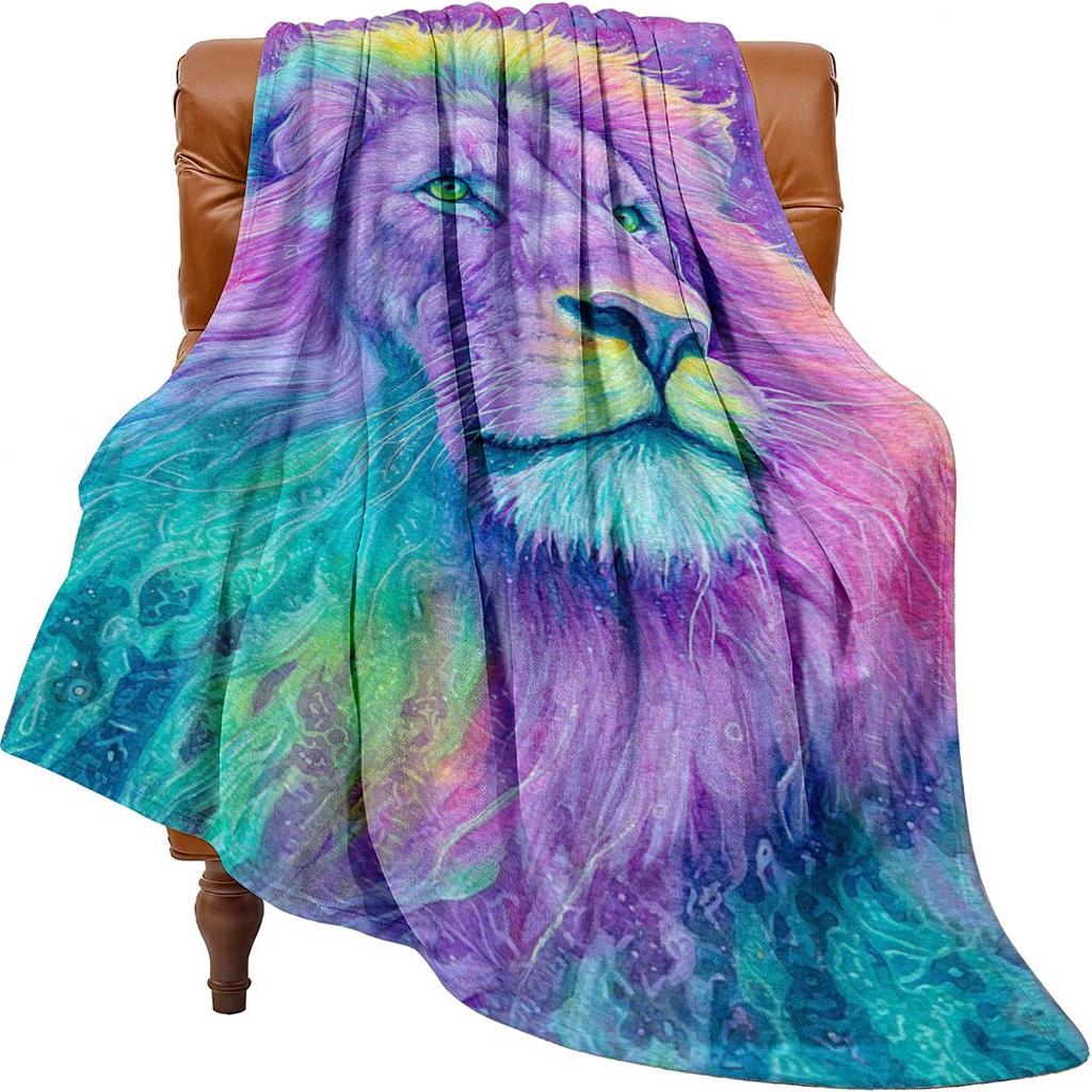 Rainbow Lion Flannel Throw Blanket – Vibrant Art Design, Soft Cozy Fleece for Home, Office, Sofa & Car – All-Season Use