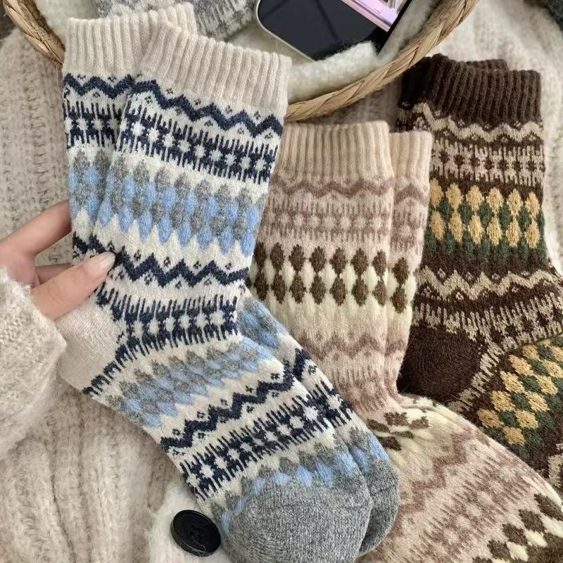 Retro Coffee-colored Socks for Women In Autumn and Winter, Ethnic Style, Thick and Warm Wool and Cotton Socks, Long Socks for Winter