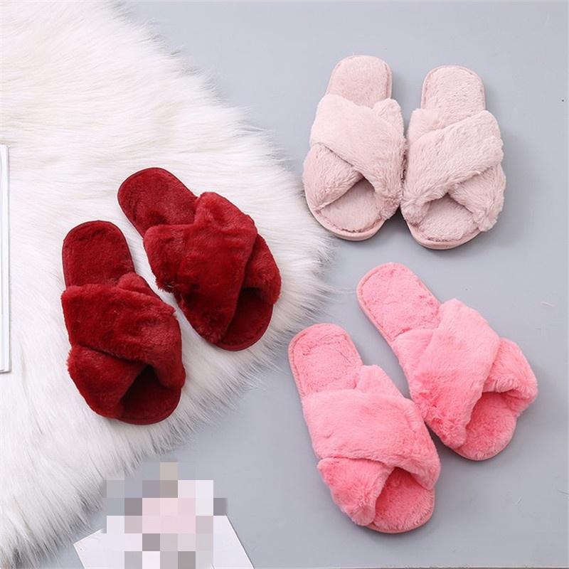 Stylish Ladies Fur Fluffy Slippers Cross Furry Summer Mules Shoes In Black