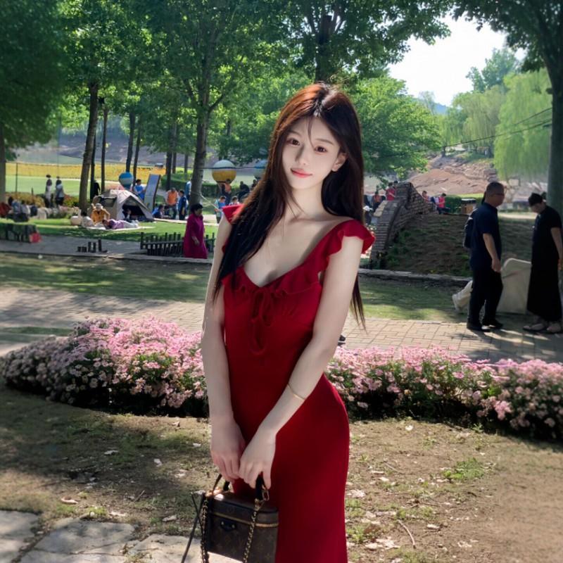Red V-Neck Sleeveless Wrap Hem Fit-and-Flare Maxi Dress Women 2026 Elegant Lady Style