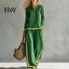 Women Two Piece Outfits Matching Set, V-Neck Button-Up Sweatshirt, High Waisted Vacation Wide Leg Pants, Contrast Color Lounge Set for Daily Wear Sets