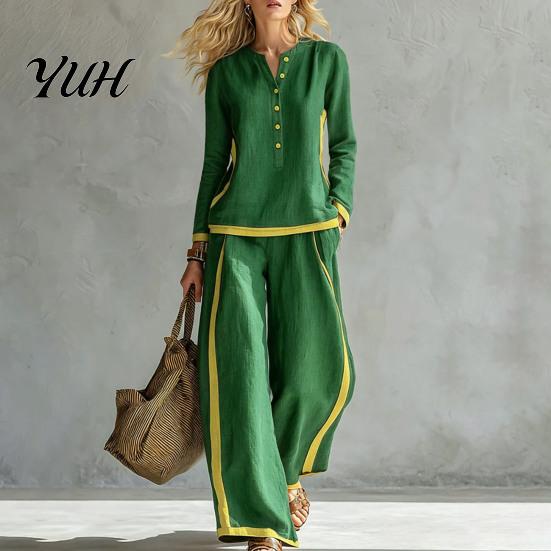 Women Two Piece Outfits Matching Set, V-Neck Button-Up Sweatshirt, High Waisted Vacation Wide Leg Pants, Contrast Color Lounge Set for Daily Wear Sets