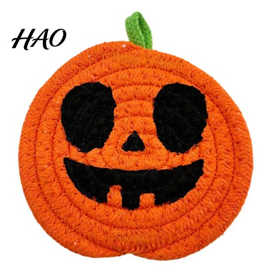 Pumpkin Shaped Kitchen Mats Halloween Cotton Rope Coaster, Handwoven Placemat with Funny Face, Iron Woven Table Protectors Craft Mat for Mug