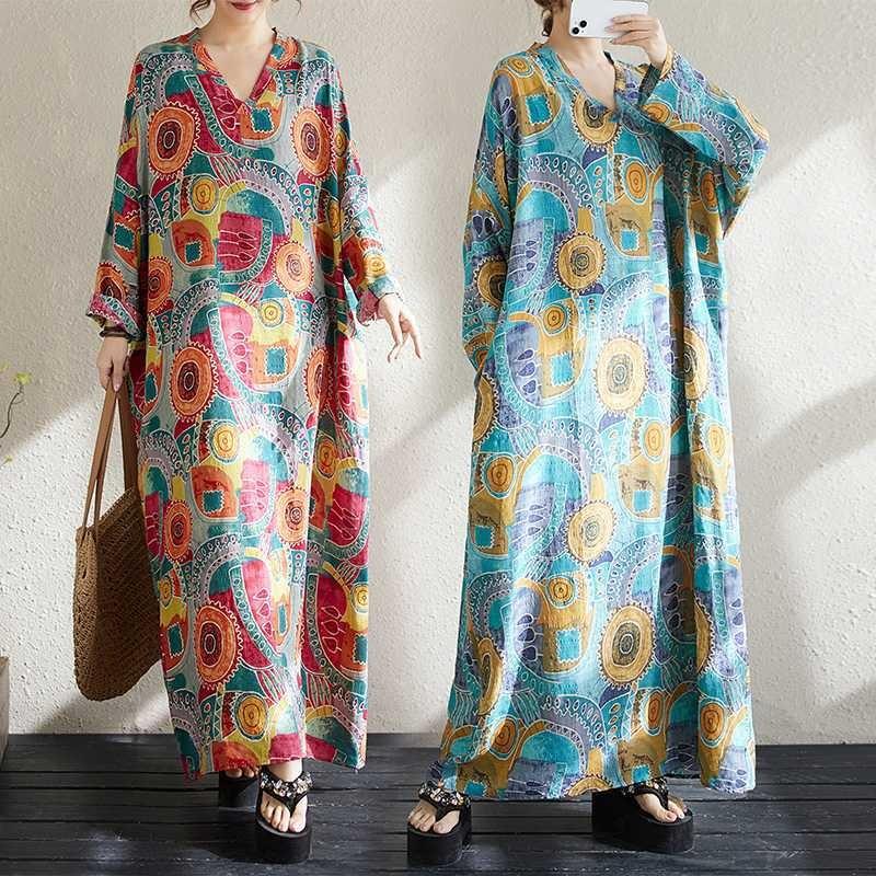 Новые свободные платья больших размеров с V-образным вырезом и длинными рукавами в простом стиле для отпуска для женщин