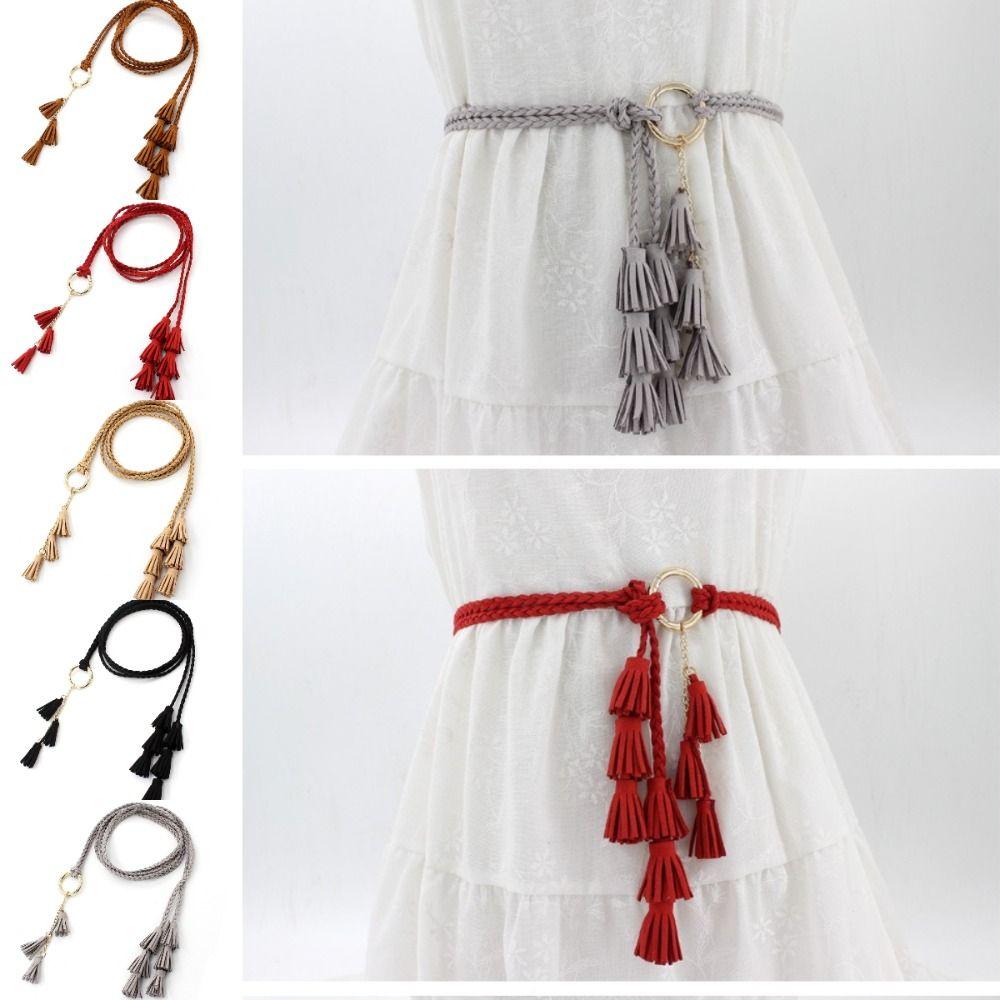 Solid Color Thin Waist Rope Belt Tassel Detail Knit Belt Fashion Dress Waistband Waist Accessory