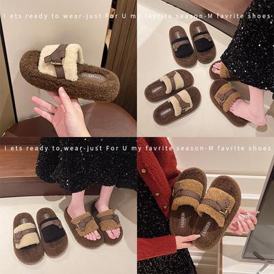 Пушистые тапочки на толстой подошве для женщин, которые можно носить на улице, осень-зима 2024 года, новые модные мягкие тапочки с пряжкой в виде феи на поясе