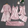 Women's Five-Piece Silk Pajama Set - Sensual Padded Nightdress and Battleship Print for Spring & Summer