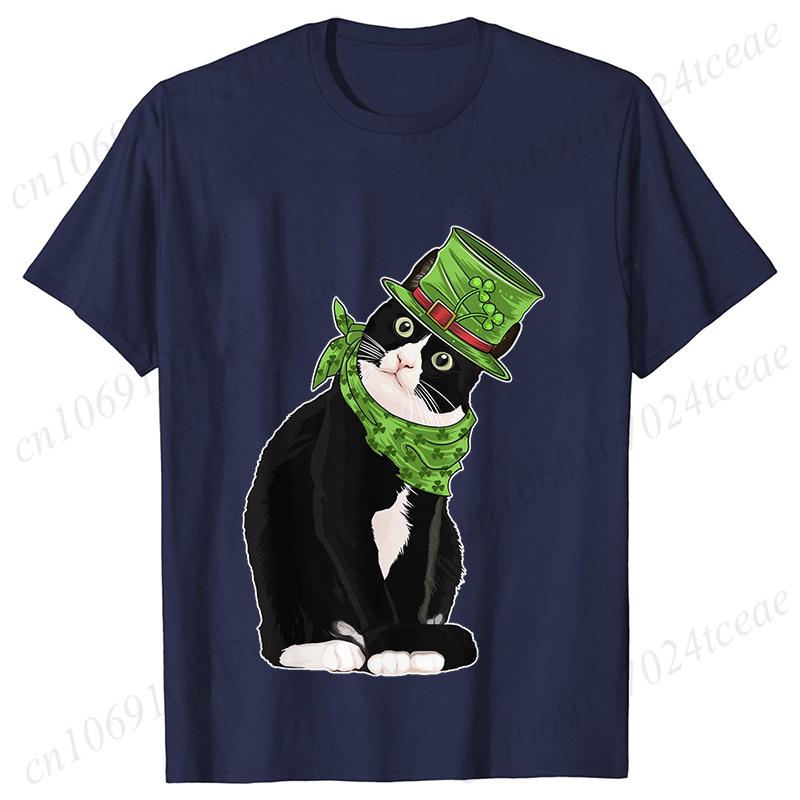 St Patricks Day Print Tshirt Unisex Summer Short Sleeve Tshirts Cut Black Cat with Leprechaun Hat Funny Irish Fashion Tee Tops