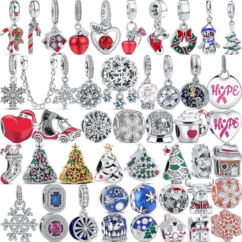 925 Silver Heart Christmas Hat Socks House Tree Apple Ice Crystal Snow Winter Beads Fit Original Charms Bracelet Jewelry