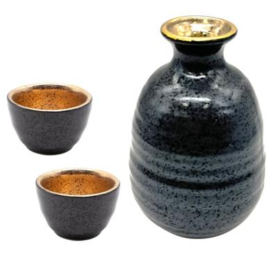 Набор Токкури и Очоко для саке Mino Ware, Черный, Изделие Номер "Золотая Глазурь", Набор, Набор, Глазурь/Золотое Покрытие, Набор на 1,5 чашки, Посуда, Подарок, Отцу