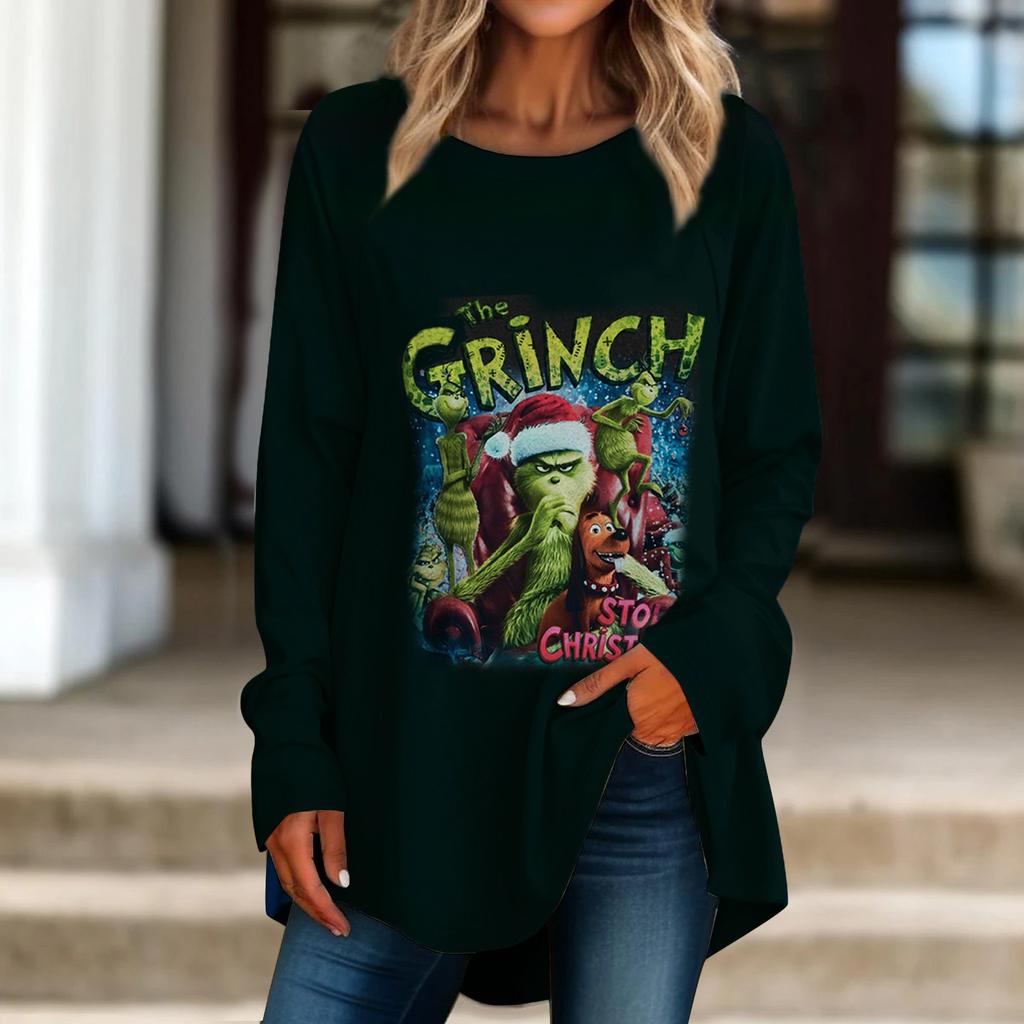 Women's Casual Plus SizeLong Sleeved Round Neck Christmas Printing T-shirt Top Pullover