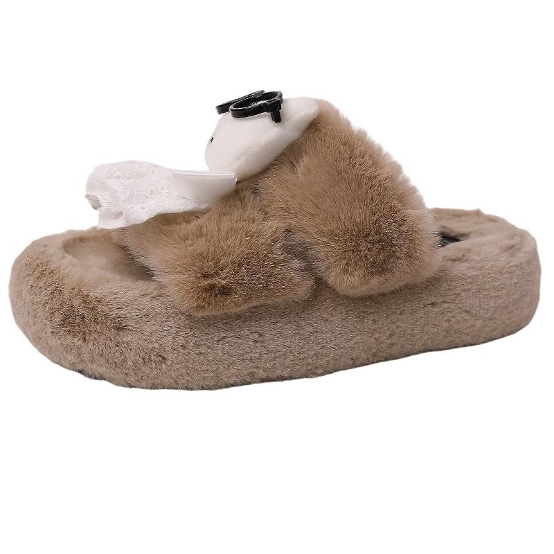 Нишевые милые мультяшные пушистые туфли для женской осени и зимы, новые, на толстой подошве, для улицы, теплые и увеличивающие рост хлопковые тапочки