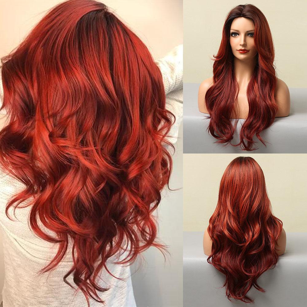 Длинные волнистые бордовые темно-красные парики из синтетических волос с пышной челкой для женщин, винно-красные объемные волны, натуральный парик для косплея на Хэллоуин