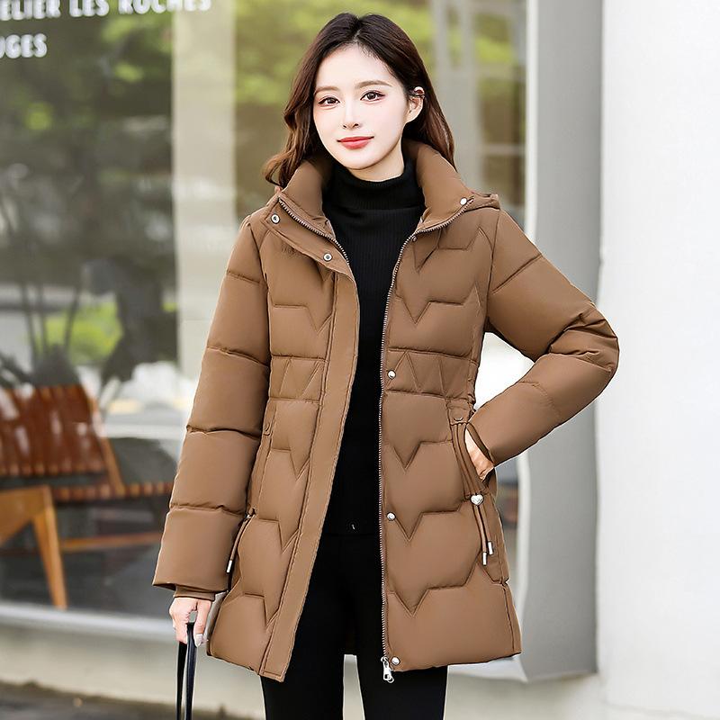 Removable hat cotton-padded clothes, women's medium and long winter down cotton-padded clothes, slim-fitting new thin and versatile cotton-padded jac