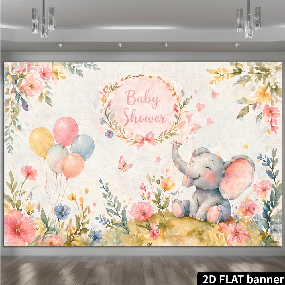 2D Flat Banner, Watercolor Elephant Party Backdrop, Balloons, Garland Bows, Floral Decor