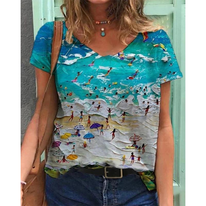 Новая футболка с цветочным принтом 3D, женская футболка с V-образным вырезом и коротким рукавом, топы Y2k, уличная одежда, футболки больших размеров в стиле Харадзюку, женская одежда