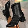 Eilyken Spring Autumn Fashion Sequin Fabric Zipper Ankle Boot Women Pointed Toe Square Heels Shoes Botines Mujer
